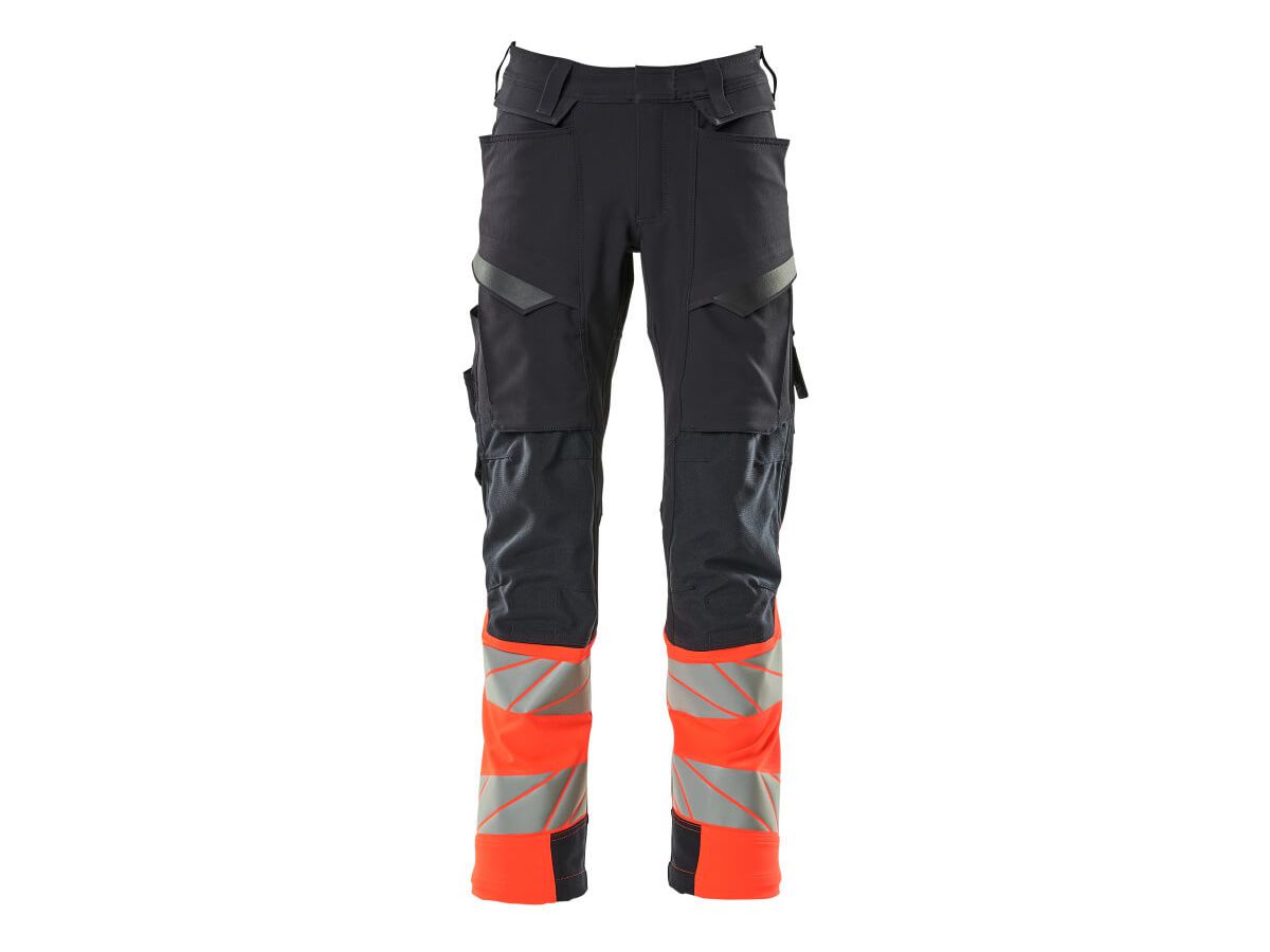 Hose mit Knietaschen, Stretch, Gr. 76C54 - schwarzblau/hi-vis rot, 88%PES/12%EL
