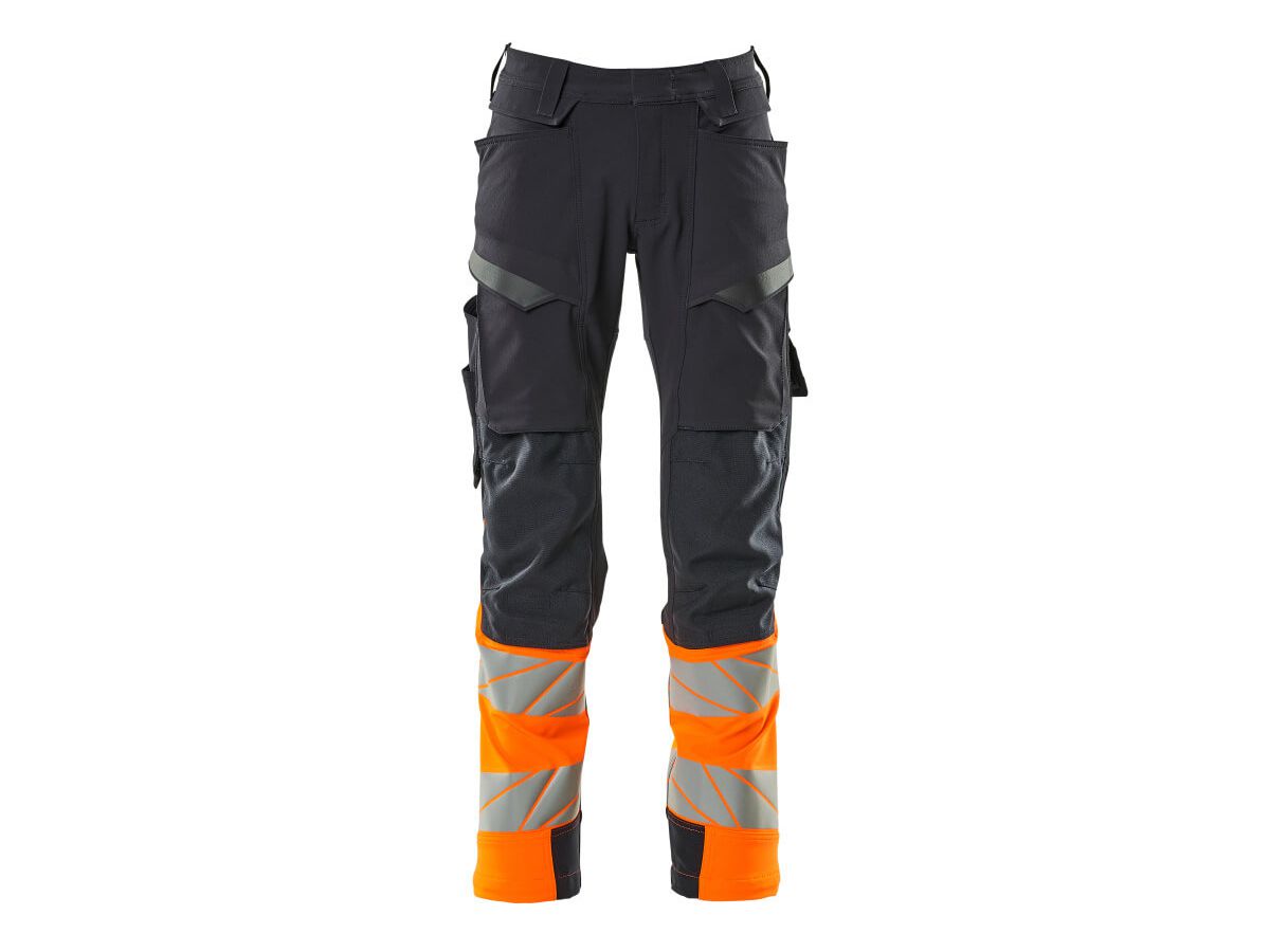 Hose mit Knietaschen, Stretch, Gr. 90C60 - schwarzblau/hi-vis orange, 88%PES/12%EL