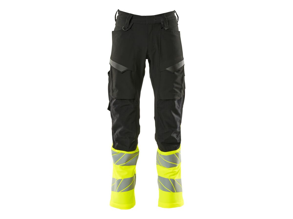 Hose mit Knietaschen, Stretch, Gr. 82C48 - schwarz/hi-vis gelb, 92% PES / 8% EL